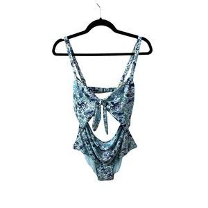 Modcloth 1X Blue Fish Shell Under the Sea One Piece Swimsuits Front Cut Out